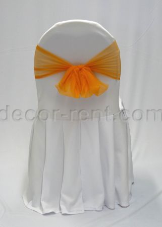 White Banquet Chair Cover with Orange Mesh Sash