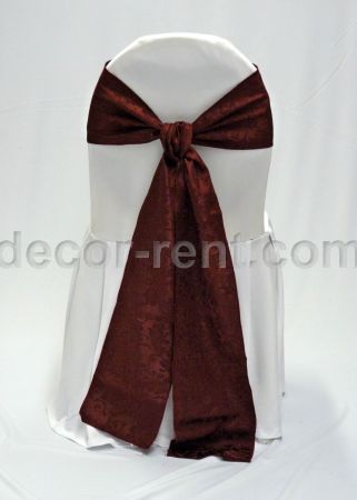 White Banquet Chair Cover with Burgundy Brocade Sash