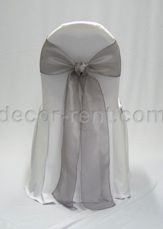White Banquet Chair Cover with Silver Organza Sash