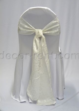 White Banquet Chair Cover with Warm White Brocade Sash