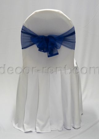 White Banquet Chair Cover with  Royal Blue Mesh Sash