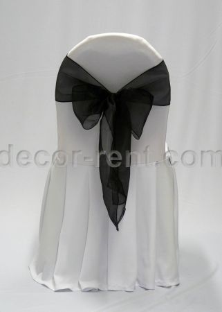 White Banquet Chair Cover with Black Organza Bow
