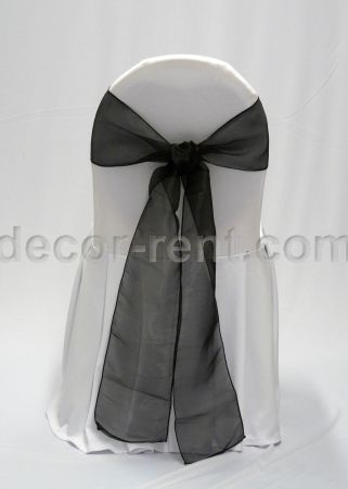 White Banquet Hall Chair Cover with Black Organza Sash