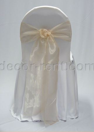 White Banquet Chair Cover with Champagne Organza Sash