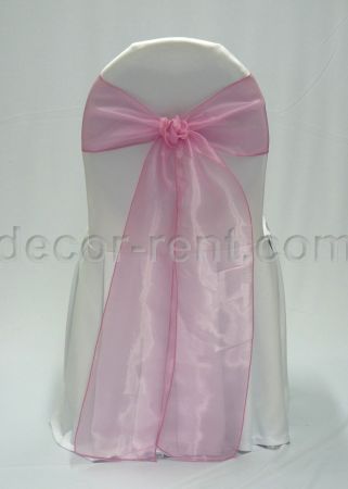 White Banquet Chair Cover with Fuchsia Pink Organaza Sash