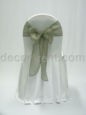 White Banquet Chair Cover with Sage Green Organza Bow