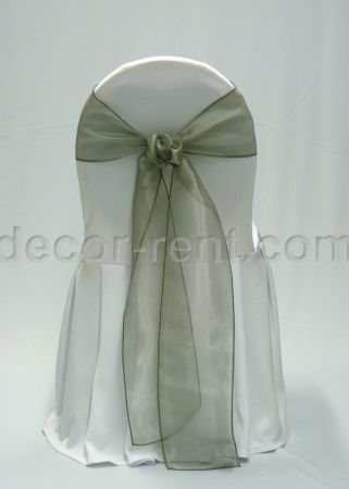 White Banquet Chair Cover with Sage Green Organza Sash