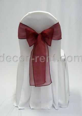White Banquet Chair Cover with Burgundy Organza Bow