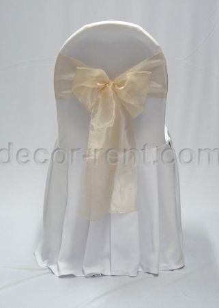 White Banquet Chair Cover with Champagne Organza Bow