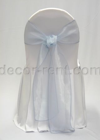 White Banquet Chair Cover with Light Blue Organza Sash