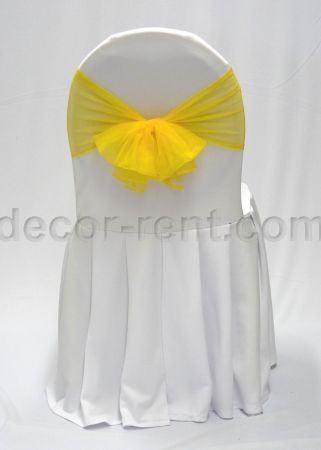 White Banquet Chair Cover with Yellow Mesh Sash