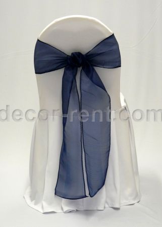 White Banquet Chair Cover with Navy Organza Sash