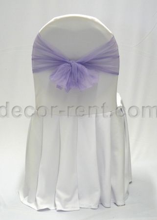 White Banquet Chair Cover with Lilac Mesh Sash