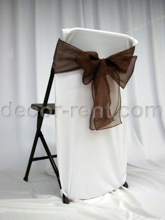Folding Chair Back Cover White with Chocolate Organza Bow (side)