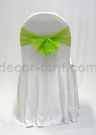 White Banquet Chair Cover with Lime Green Mesh Sash