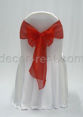 White Banquet Chair Cover with Red Organza Bow