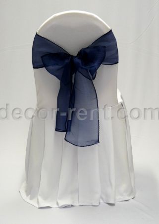 White Banquet Chair Cover with Navy Organza Bow