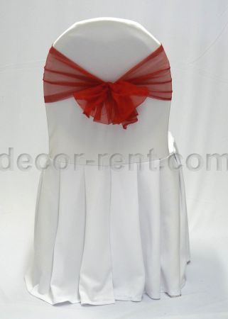 White Banquet Chair Cover with Red Mesh Sash
