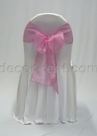 White Banquet Chair Cover with Fuchsia Pink Organza Bow