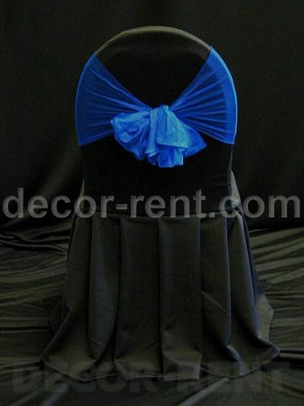 Black Banquet Chair Cover with Royal Blue Mesh Sash
