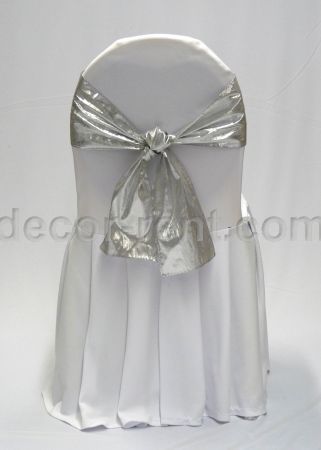 White Banquet Chair Cover with Silver Lame Sash