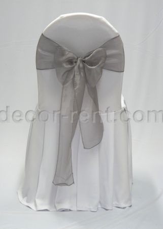 White Banquet Chair Cover with Silver Organza Bow