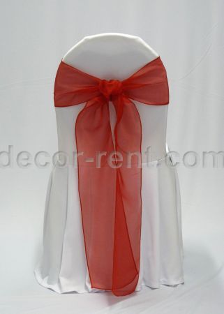 White Banquet Chair Cover with Red Organza Sash