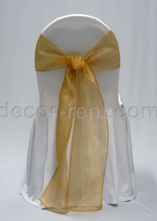 White Banquet Chair Cover with Gold Organza Sash
