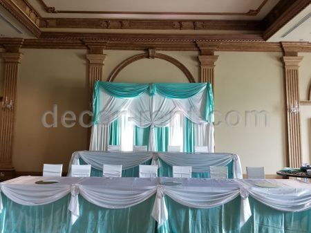 White and Tiffany Blue Backrop and Table Draping