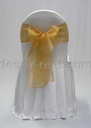White Banquet Chair Cover with Gold Organza Bow